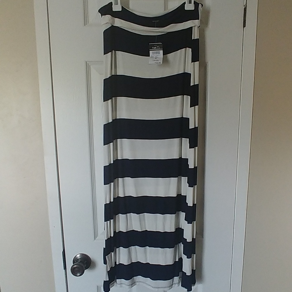 Navy blue and white striped maxi dress